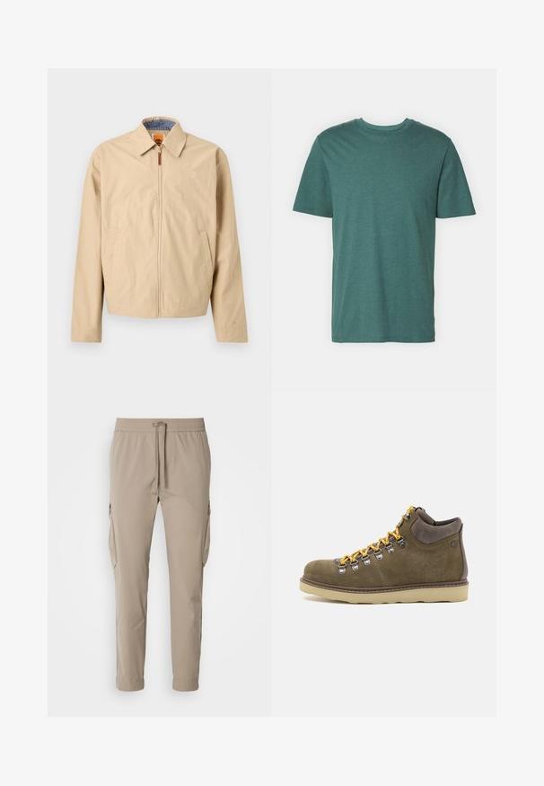 Beige jas met rits en kraag, zijzakken en geborduurd logo op de borst, met een blauwe geruite voering aan de binnenkant.; Korte mouwen, ronde hals t-shirt in donker teal. Gemaakt van een zachte, gestructureerde stof met een gladde afwerking. Geen patronen of extra details.; Beige cargo broek met een elastische tailleband en trekkoord. Voorzien van zijzakken en een taps toelopend ontwerp, gemaakt van lichte stof.; Olijfgroene suède wandelschoenen met een beige rubberen zool. Voorzien van gele veters, metalen oogjes en een gevoerde enkelsteun.
