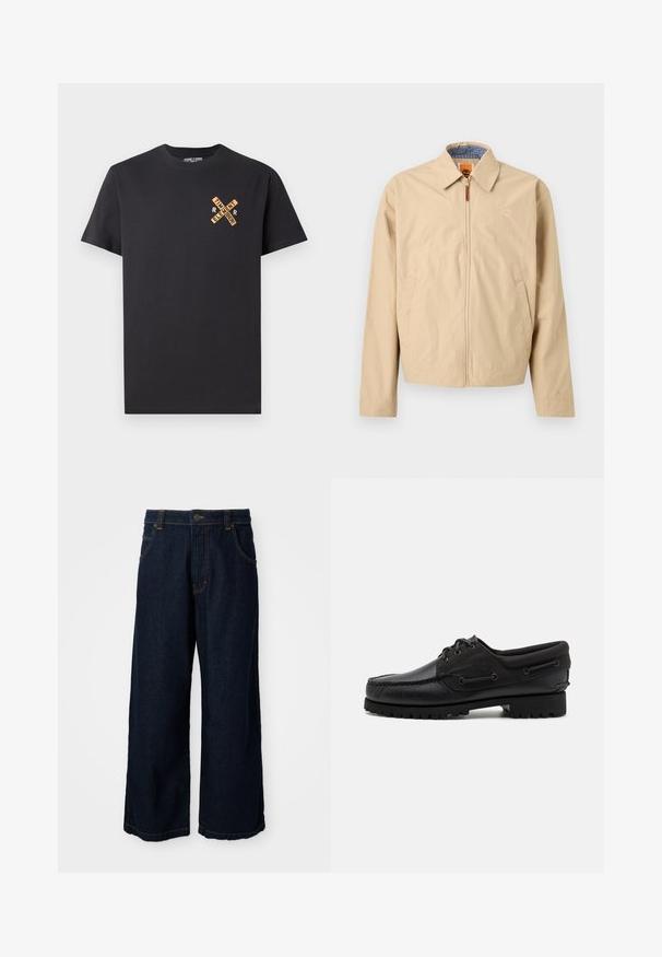 Veste beige zippée avec col, poches latérales et logo brodé sur la poitrine, avec doublure intérieure à carreaux bleus.; T-shirt en coton noir avec un design graphique orange, affichant les mots "ELEMENT" et "SE SOUVENIR" en motif croisé sur la poitrine.; Jean large en denim bleu foncé, avec des coutures dorées, une fermeture à bouton et quatre poches. L'ourlet est légèrement effiloché.; Chaussure noire avec un dessus en cuir, des accents textiles, des lacets ronds et une semelle en caoutchouc texturé. Présente des coutures mocassins et des détails de marque.