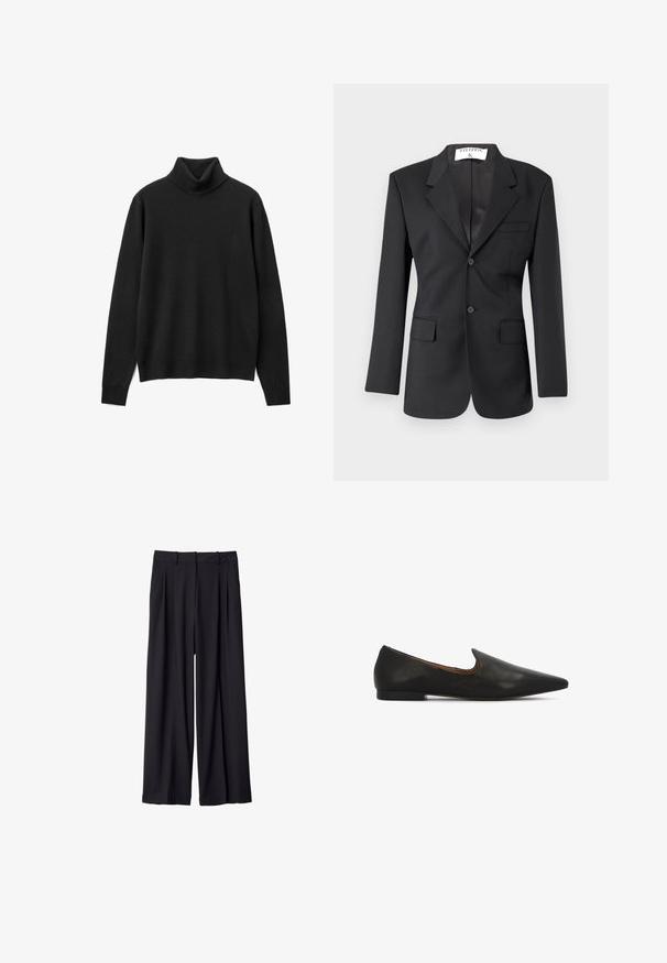 Blazer noir en tissu lisse avec fermeture à un bouton, revers crantés, deux poches frontales et coupe ajustée.; Pull à col roulé noir en tricot doux. Doté de manches longues, d'une coupe décontractée et d'un design à col haut. Pas de motifs ni d'ornements.; Pantalons noirs à jambes larges avec passants de ceinture et plis avant, présentés sur un fond blanc.; Ballerines en cuir noir avec un design à bout pointu, un petit talon texturé et une découpe élégante autour de la coup de pied pour un enfilage facile.