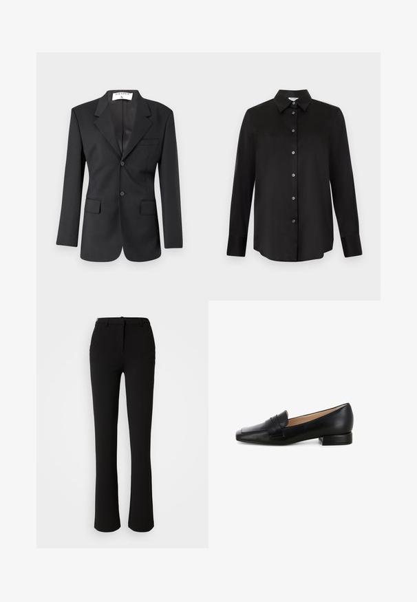 Zwarte blazer van soepel stof met een enkele knoopsluiting, notch revers, twee voorzakken en een getailleerde pasvorm.; Zwart overhemd met lange mouwen, knoopsluiting, puntige kraag en zeven knopen, weergegeven op een lichtgrijze achtergrond.; Zwarte broek gemaakt van een gladde stof, met een recht model, voorzakken en een standaard tailleband met een riemlus.; Zwarte leren loafer met een platte hak, vierkante neus en een gestikte banddetail over de voorkant. Gladde textuur met een gepolijste afwerking.