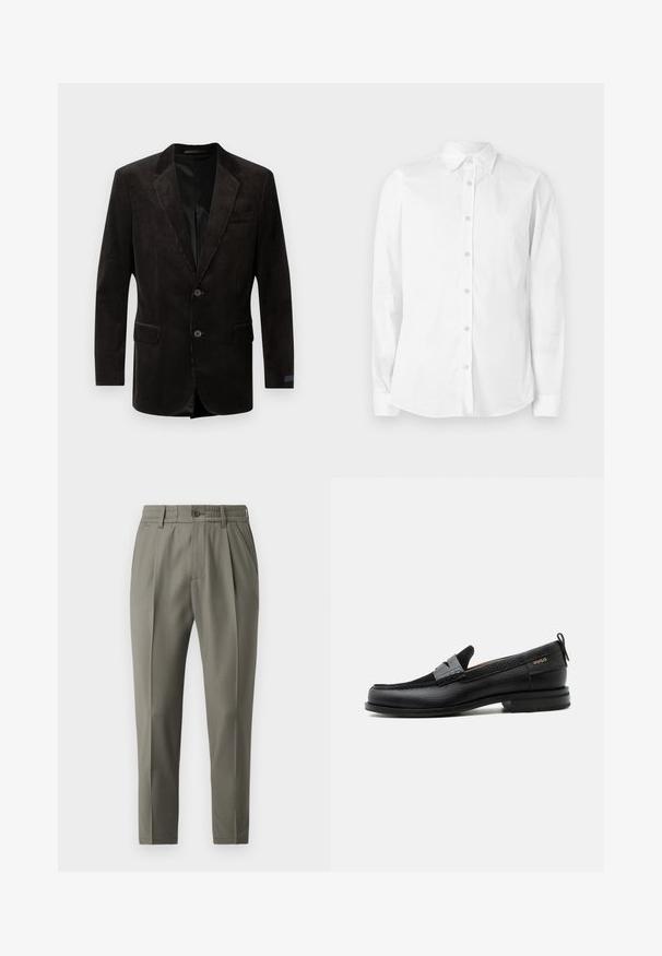 Sort fløjl blazer med notch lapel, to frontlommer, to-knaps lukning, struktureret stof og kontrastfyldning indvendigt.; Hvid langærmet skjorte med knapper, lavet af bomuld. Har en spids krave og et lille broderet logo på brystet. Glat tekstur.; Beige skræddersyede bukser med lige ben, der har en knaplukning, folder foran og en elastisk talje for komfort.; Sort læderloafer med grå remdetalje, lav hæl og tekstureret sål, mærket med "HUGO" i guld på siden.