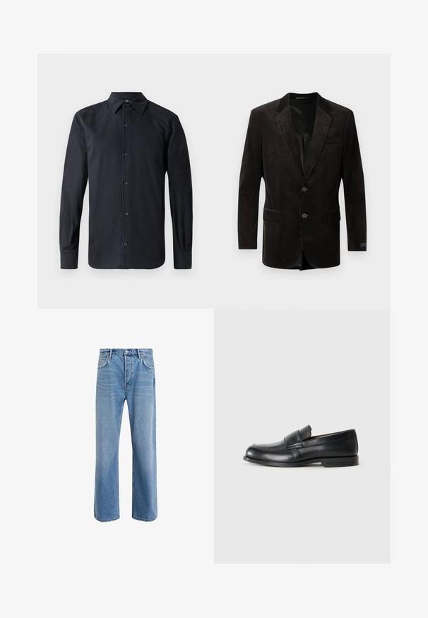 Sort fløjl blazer med notch lapel, to frontlommer, to-knaps lukning, struktureret stof og kontrastfyldning indvendigt.; Sort langærmet skjorte med standard krave, frontlukning med knapper, lavet af glat stof, med lige pasform og med knaplukning ved ærmerne.; Lyseblå denim jeans med lige ben-design, fem lommer, knaplukning, minimal falming og kontraststingdetaljer.; Sorte læder loafers med rund tå, syet detaljer og en flad gummisål. Har en bred rem over vristen.