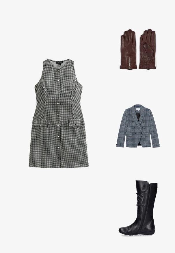 Reiss REGULAR FIT - Blazer - navy check; Ermeløs kjole i et sort-hvidt ternet mønster, med knaplukning foran, tætsiddende design og to frontlommer med trykknap-lukninger.; Sorte læder knæhøje støvler med en glat overflade, slouchy design, lynlås i siden og en flad gummisål med en rillede mønster.; Brune læderhandsker med en glat tekstur, fem-finger design og en lynlåsdetalje ved håndleddet med samlet stofdetalje.