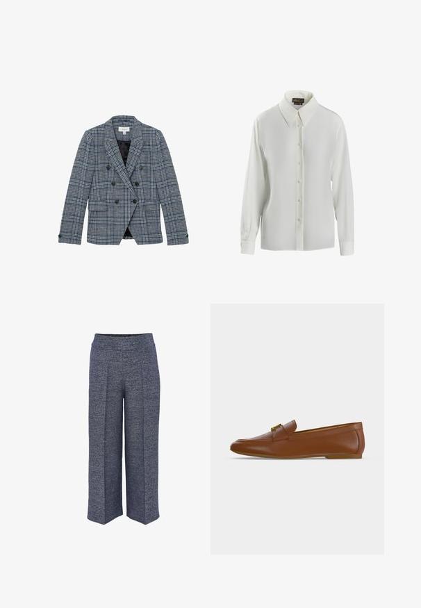 Reiss REGULAR FIT - Blazer - navy check; Luisa Spagnoli LIMONAIA - Overhemdblouse - panna; Wijduitlopende broeken gemaakt van een gestructureerde marineblauwe stof, met een hoge tailleband en nette voorplooien voor een gestructureerd ontwerp.; Bruine leren loafer met een gouden gespdetail en lage platte hak, getoond in zijaanzicht op een effen lichte achtergrond.