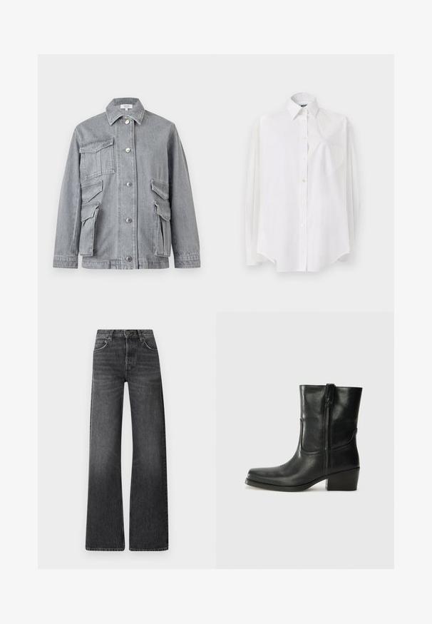 Grå denimjakke med flere klaplommer, knaplukning og en spids krave, vist mod en ensfarvet baggrund.; Hvid langærmet skjorte i letvævet stof med klassisk krave, knaplukning og hjerteformet lomme på venstre side.; Sorte denim jeans med høj talje og bred ben-design. Har fem lommer og en subtil falmet tekstur med kontrastfarvet syninger.; Sort læder ankelstøvle med rundt tå, blokhæl, lynlås i siden og stikninger på vampsiden. Glat tekstur, klassisk design.