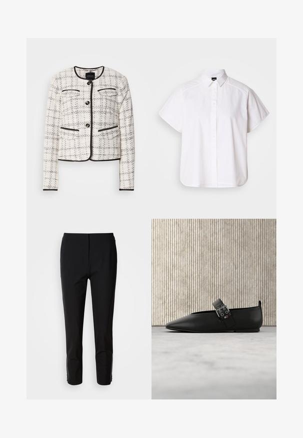 Veste pour femme en tweed blanc et noir avec col rond, quatre boutons noirs, poches à rabat décoratives, ourlée de passepoils noirs.; Chemise blanche à manches courtes, à boutons, avec un col pointu et un ourlet arrondi. Fabriquée en coton, elle possède une texture lisse et sans motifs visibles.; Un pantalon noir avec une coupe droite, fabriqué en tissu lisse. Présente des accents zippés sur les côtés inférieurs. Un style épuré et minimaliste.; Chaussure plate en cuir noir avec un bout pointu et une bride latérale, ornée de ferrures argentées. Texture lisse sur un fond de tapis neutre.
