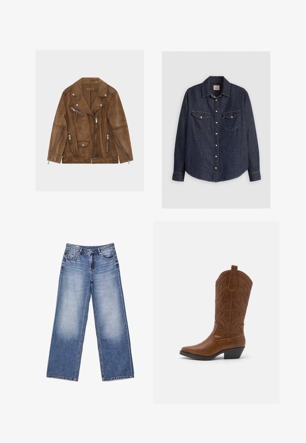 Bruine suède bikerjack met meerdere zilveren ritsen, drukknoopsluitingen en een ceintuur in de taille, plat neergelegd op een witte achtergrond.; Donkerblauwe denim overhemd met lange mouwen, kraag met knopen aan de voorkant, twee borstzakken met kleppen en contrasterende gele stiksels.; Blauwe spijkerbroek met een hoge taille, wijde pijpen, voorzakken en vervaagde plekken op de dijen, plat uitgespreid op een witte achtergrond.; ONLY SHOES ONLBRONCO - Cowboy-/Bikerlaarzen - brown