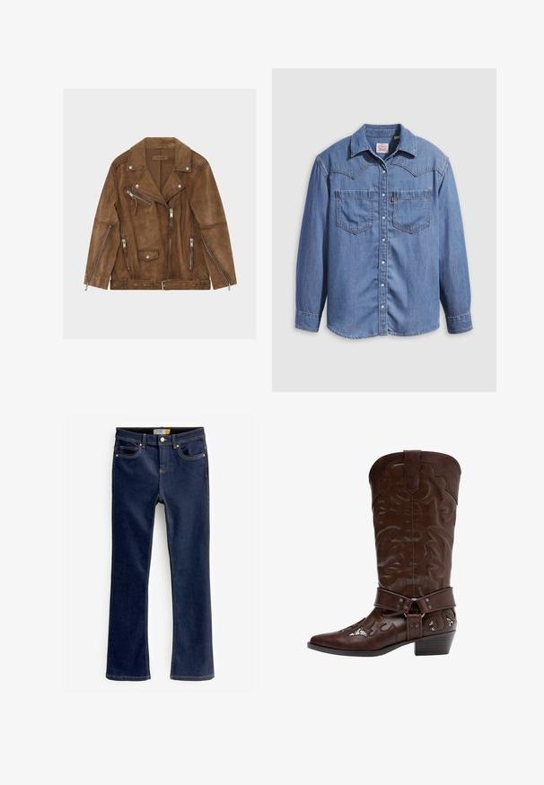 Brun ruskind bikerjakke med flere sølvsmykker, trykknapper og et bælte i taljen, lagt fladt på en hvid baggrund.; Lyseblå denimskjorte med spidst krave, to brystlommer og trykknapper. Har et western-inspireret stykke på skuldrene.; Bootcut blå jeans lavet af denim, med forlommer, synlige syninger og en let flared nederste kant. Ingen slid eller dekorationer.; Brun lædercowboystøvle med dekorativ søm, rem med spænde og lav stakket hæl, vist i sideprofil mod hvid baggrund.