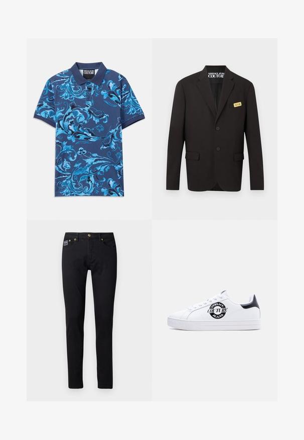 Čierne sako na mieru s dvoma prednými gombíkmi, klopovými vreckami a zlatou nášivkou "Versace Jeans Couture" na náprsnom vrecku.; Námornícka polokošeľa s modrým kvetinovým vírením, krátkymi rukávmi a golierom na gombíky. Vyrobená z bavlnenej látky, hladká textúra.; Čierne džínsy z denimovej látky so slim fit strihom, s kovovými doplnkami v zlatej farbe, piatimi vreckami a malou značkovou etiketou na pravom vrecku.; Biela nízka teniska s čiernou pätovou záložkou, čiernym okrúhlym logom "Versace Jeans Couture" na boku, bielymi šnúrkami a vyrazeným textom na podrážke.
