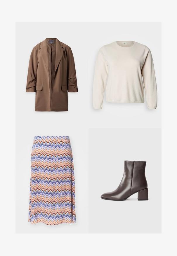 Brun lang blazer med reverskrave og forlommer med klap, vist fladt mod en hvid baggrund.; Lysebeige langærmet sweater lavet af blødt stof. Rund hals med ribkant ved kant og ærmer. Glat tekstur, minimal detaljering.; Multifarvet zigzag mønster nederdel. Lavet af letvægtsstof, med en flared silhuet og en taljeelastik. Overvejende orange, blå og rød.; Brun læder ankelstøvle med et slankt design, spidse tå og firkantet blokhæl. Glat tekstur og minimalistisk silhuet.