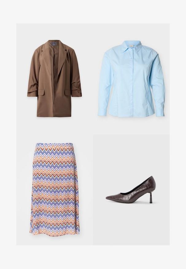 Brun lang blazer med reverskrave og forlommer med klap, vist fladt mod en hvid baggrund.; Lyseblå skjorte med lange ærmer, knapper foran, klassisk krave, skræddersyet pasform og synlige syninger langs siderne og ærmerne.; Multifarvet zigzag mønster nederdel. Lavet af letvægtsstof, med en flared silhuet og en taljeelastik. Overvejende orange, blå og rød.; Brune kunstlæder stiletter med spidse tæer og krokodilletekstur, der har en slank, vinklet hæl og en glat inderside.