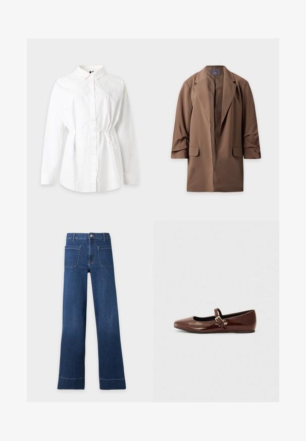 Blazer long marron avec col à revers et poches avant à rabat, présenté à plat sur fond blanc.; Chemise blanche à manches longues, boutonnée, avec col et fine ceinture ajustable à la taille, présentée sur un fond uni clair.; Jean en denim bleu taille haute avec jambes larges, poches plaquées à l'avant, passants de ceinture et fermeture par bouton à la taille.; Ballerine en cuir verni marron avec un bout carré et une lanière ornée d'une petite boucle dorée. Texture lisse, talon bas et design minimaliste.