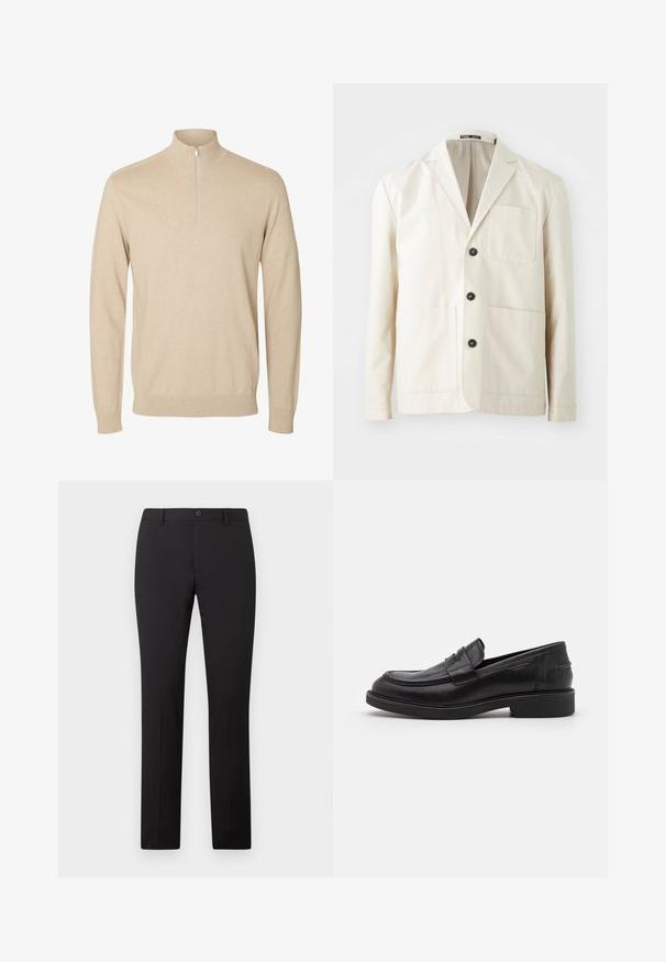 Chaqueta de algodón beige con solapa de pico, tres botones negros y dos bolsillos delanteros. Presenta un bolsillo en el pecho y mangas largas.; Jersey beige de manga larga con un cuello alto y una cremallera corta en el centro delantero.; Pantalones negros a medida con diseño de pierna recta, con cierre de botón y trabillas para cinturón. Hechos de tela suave sin patrones visibles.; Mocasines de cuero negro con puntera redondeada, costuras tonales y un detalle de tira en la parte frontal. Suela de goma con un tacón bajo.