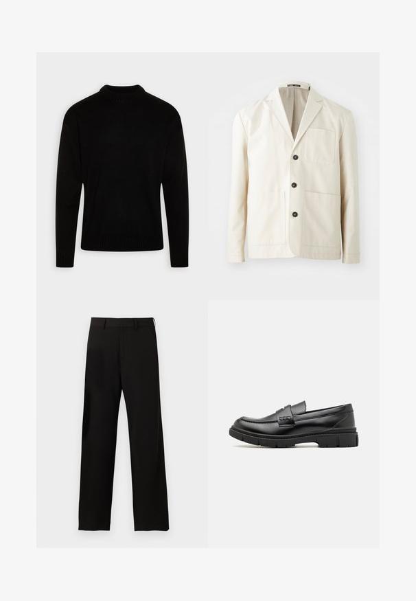 Veste en coton beige avec un col cranté, trois boutons noirs et deux poches avant. Elle dispose d'une poche poitrine et de manches longues.; Pull en maille noire avec un col montant côtelé. Manches longues et poignets et ourlet côtelés. Texture lisse avec un design simple et classique.; Pantalon noir droit avec passants de ceinture et poches latérales sur fond blanc uni.; Mocassin en cuir noir avec une large sangle sur le devant, semelle en caoutchouc à épaisse rainure, et texture lisse. Design classique et élégant.