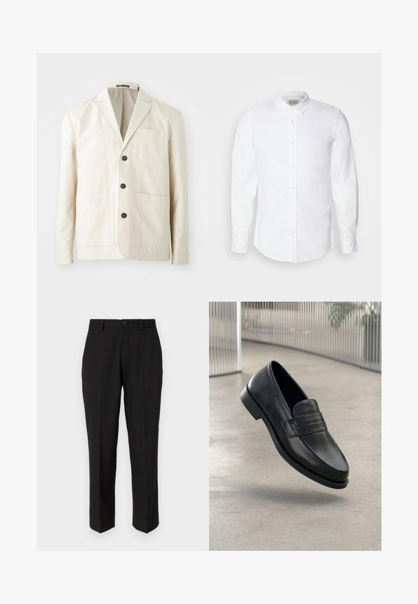 Chaqueta de algodón beige con solapa de pico, tres botones negros y dos bolsillos delanteros. Presenta un bolsillo en el pecho y mangas largas.; Camisa blanca de botón hecha de algodón con cuello clásico, mangas largas y bordado sutil en el lado izquierdo del pecho. Presenta botones beige.; Pantalones negros de tela suave, con un diseño de pierna recta, bolsillos delanteros, un cierre de botón y sin patrones visibles.; Mocasín de cuero negro con textura suave, punta puntiaguda y una correa decorativa a lo largo del empeine. Suela ligera, diseño minimalista.