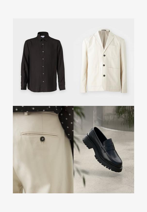Chaqueta de algodón beige con solapa de pico, tres botones negros y dos bolsillos delanteros. Presenta un bolsillo en el pecho y mangas largas.; Camisa negra de manga larga hecha de una tela suave, con un cierre frontal de botones, collar puntiagudo y dobladillo redondeado con botones en contraste.; Pantalones beige con un tejido texturizado que presenta un bolsillo trasero cerrado con un botón negro. Detalles sutiles de costura a lo largo del bolsillo.; Mocasines de cuero negro con suela gruesa, que presentan una correa decorativa y detalles de costura. Textura suave con un acabado pulido.