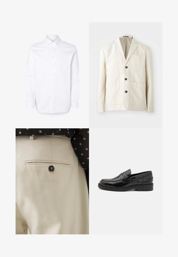 Chaqueta de algodón beige con solapa de pico, tres botones negros y dos bolsillos delanteros. Presenta un bolsillo en el pecho y mangas largas.; Camisa blanca de manga larga con cuello clásico y puños abotonados.; Pantalones beige con un tejido texturizado que presenta un bolsillo trasero cerrado con un botón negro. Detalles sutiles de costura a lo largo del bolsillo.; Mocasines de cuero negro con un acabado suave, punta redondeada, tacón bajo y costura decorativa en la parte delantera. Suela de goma para mayor agarre.