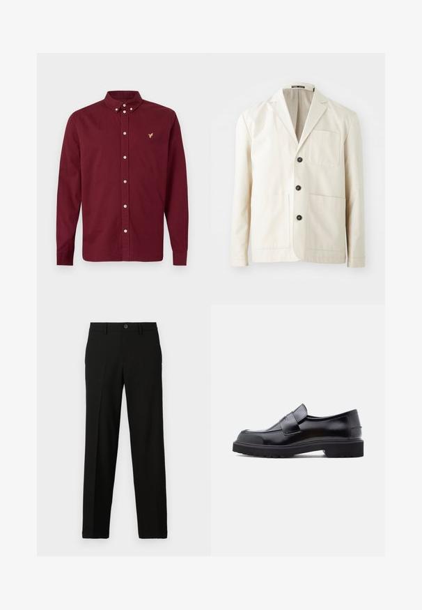 Veste en coton beige avec un col cranté, trois boutons noirs et deux poches avant. Elle dispose d'une poche poitrine et de manches longues.; Chemise à manches longues boutonnée en bordeaux profond avec un col boutonné et un petit logo brodé d'un oiseau doré sur le côté gauche de la poitrine.; Pantalon noir en tissu lisse, avec une coupe droite, une fermeture à bouton à la taille, et sans motifs ni accents visibles.; Chaussure noire en cuir à enfiler avec un design épuré, bout rond et semelle épaisse en caoutchouc texturé. Présente une sangle décorative à l'avant.