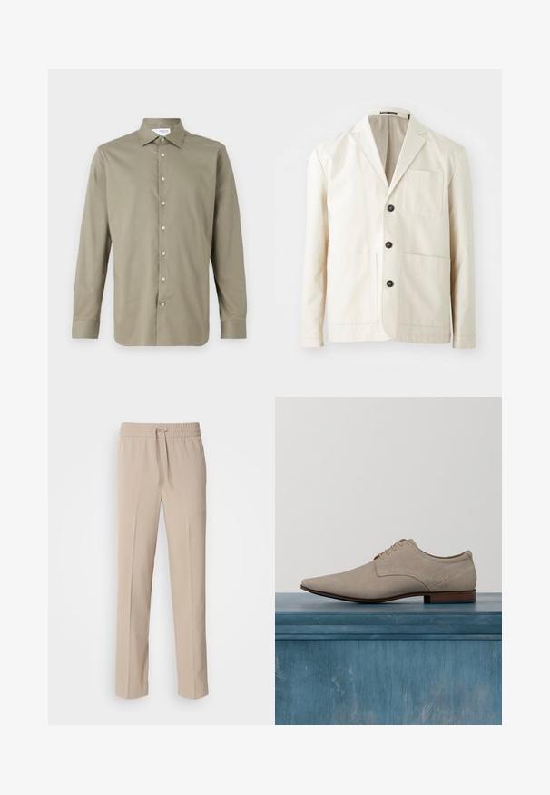 Beige Baumwolljacke mit Reverskragen, drei schwarzen Knöpfen und zwei vorderen Taschen. Verfügt über eine einzelne Brusttasche und lange Ärmel.; Langarmhemd in Olivgrün. Knopfleiste mit hellen Knöpfen. Weiche Textur und taillierte Passform mit klassischem Kragen.; Beige, locker sitzende Hosen aus weichem Stoff, mit einem elastischen Bund und Kordelzug sowie geraden Beinen mit minimalen Akzenten.; Beige Schnürschuhe aus weichem Wildleder, mit einer spitzen Zehenform, minimaler Nähte und einem Holzabsatz. Glatte Textur und schlichtes Design.