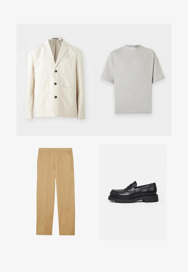 Veste en coton beige avec un col cranté, trois boutons noirs et deux poches avant. Elle dispose d'une poche poitrine et de manches longues.; T-shirt gris à manches courtes avec un col rond, en tissu de coton doux, présentant un design simple et une couleur unie. Aucun logo ou motif visible.; Pantalons kaki en tissu lisse, avec une coupe droite, deux poches avant et des détails de couture épurés et minimaux.; Mocassin en cuir noir avec semelle épaisse crantée et détail de bride penny, présenté en profil droit sur fond blanc.