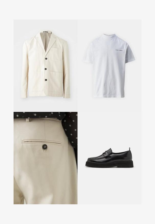 Veste en coton beige avec un col cranté, trois boutons noirs et deux poches avant. Elle dispose d'une poche poitrine et de manches longues.; T-shirt en coton blanc avec un col haut et des manches courtes. Présente le logo "SAMSØE SAMSØE" en noir sur le devant. Texture lisse.; Pantalon beige en tissu texturé avec une poche arrière fermée par un bouton noir. Finitions de couture discrètes le long de la poche.; Chaussures en cuir noir de style mocassin avec une semelle plate et texturée, présentant un bout piqué et une sangle traversant le cou-de-pied.
