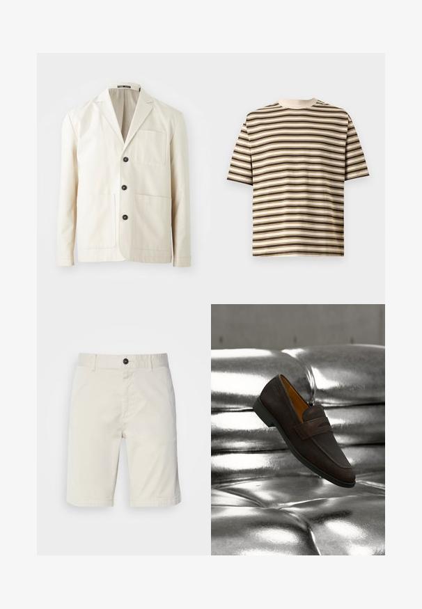 Chaqueta de algodón beige con solapa de pico, tres botones negros y dos bolsillos delanteros. Presenta un bolsillo en el pecho y mangas largas.; Camiseta beige de manga corta con rayas horizontales marrones y blancas, cuello redondo y corte holgado sobre un fondo liso.; Shorts de color beige claro fabricados en algodón, con cierre de botón, bolsillos delanteros y dobladillo cosido. Textura suave con un diseño casual.; Zapato mocasín de cuero marrón con suela baja negra, colocado sobre un fondo brillante y acolchado de cojín metálico plateado.