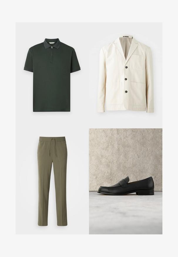 Beige Baumwolljacke mit Reverskragen, drei schwarzen Knöpfen und zwei vorderen Taschen. Verfügt über eine einzelne Brusttasche und lange Ärmel.; Dunkelgrünes Poloshirt mit kurzen Ärmeln, Reißverschlusskragen und kontrastierender, strukturierter Kragenverzierung. Hergestellt aus glattem Stoff im minimalistischen Design.; Olivengrüne, leichte Hose mit elastischem Bund und verstellbarem Kordelzug; gerades Bein Design und glatte Textur.; Schwarzer Leder-Slipper schwebt über einem beigen Teppich, im Hintergrund ein glänzender, runder brauner Tisch.