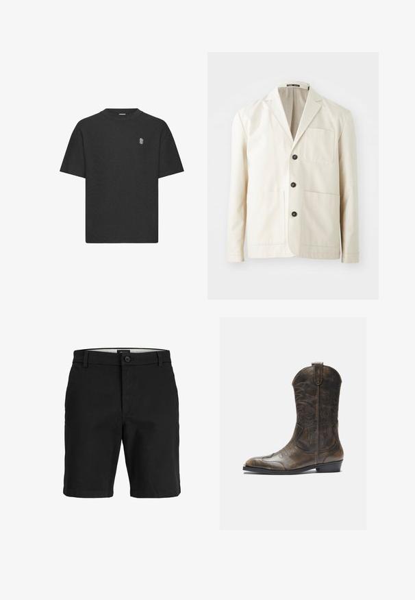 Beige bomuldsjakke med spidse lapeller, tre sorte knapper og to frontlommer. Har en enkelt brystlomme og lange ærmer.; Sort kortærmet t-shirt i et tekstureret stof, med rund hals og et diskret broderet logo på brystet.; Sorte shorts lavet af et glat stof, med en frontknaplukning, bæltestropper og en simpel kant. Ingen mønstre eller dekorationer synlige.; Brune læder cowboystøvle med en høj skaft, spids tå, intrikate syning mønstre og en lille hæl. Struktureret finish hele vejen igennem.
