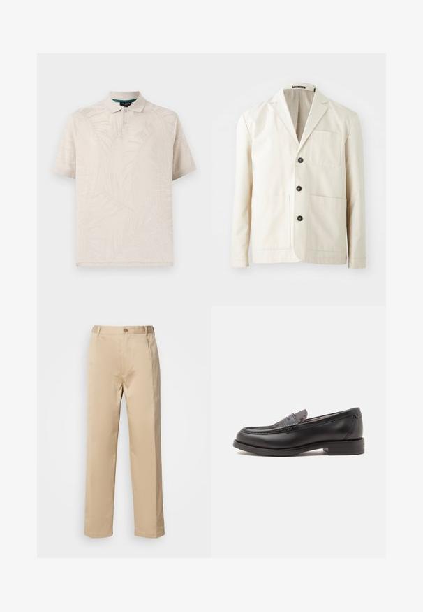 Chaqueta de algodón beige con solapa de pico, tres botones negros y dos bolsillos delanteros. Presenta un bolsillo en el pecho y mangas largas.; Polo beige hecho de una tela texturizada que presenta un sutil patrón de hojas de palma. Tiene un cuello clásico y dos botones en el cuello.; Pantalones beige hechos de una tela ligera, con un diseño de pierna recta, cinturilla con trabillas y un solo botón en la parte frontal.; Mocasín negro de cuero con tacón bajo y parte superior texturada, mostrado de lado sobre un fondo claro y liso.