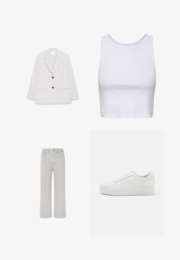 Svetlo šedý blejzer s vykrojeným golierom, dvoma prednými vreckami a dvoma čiernymi gombíkmi. Hladká textúra látky, dobre padnúci strih a minimalistic dizajn.; Biely crop top vyrobený z rebrovanej látky, s okrúhlym výstrihom a bezrukávovým dizajnom so priliehavým strihom. Bez vzorov alebo akcentov.; Svetlo šedé denimové džínsy so strihom rovného nohavice, päť vreciek, predný zips a klasický pás. Jednoduché prešitie.; Biele kožené tenisky s textúrovaným zvrškom, polstrovaným golierom a plochou gumovou podrážkou. Obsahuje jemné švy a klasický šnurovací dizajn.