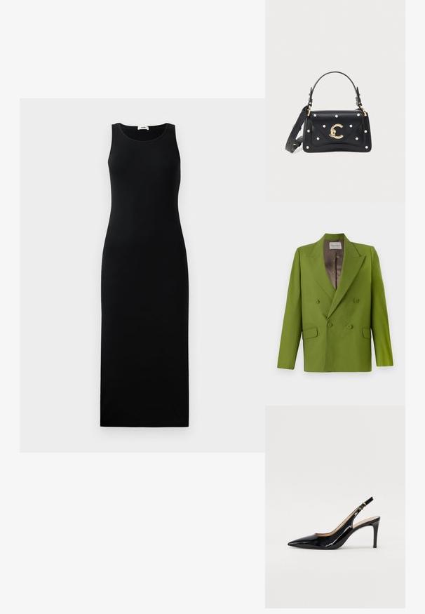 CLOSED FITTED DOUBLE BREASTED - Blazer - pistachio green; Mouwloze zwarte maxi-jurk met ronde halslijn en aansluitende silhouet, weergegeven op een effen lichte achtergrond.; Zwarte gepatineerde leren slingback pump met een puntige neus, slanke hak en een subtiel uitgesneden ontwerp. Bevat een gouden gesp op de band.; Zwarte leren handtas met gouden "C" sluiting, parelachtige studs, bovenhandvat en verstelbare schouderriem op een witte achtergrond.