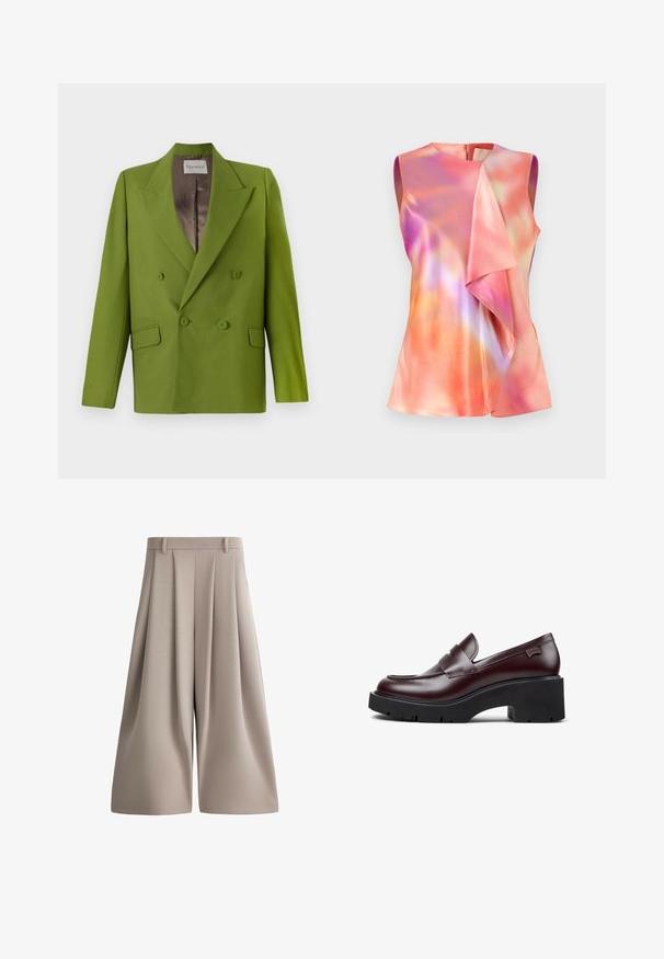 CLOSED FITTED DOUBLE BREASTED - Bleiseri - pistachio green; Hihaton paita satiinikankaasta, jossa on värikäs abstrakti kuvio vaaleanpunaisen, oranssin ja violetin sävyissä, ja joka on muotoiltu laskostetuksi edestä.; Värilt beige, korkeavyötäröiset leveälahkeiset lyhyet housut, joissa edessä laskokset, vyölenkit ja sileä kangaspinta.; Burgundy nahkakengät, joissa on pyöristetty varvaskärki, koristeellinen nauha, tukeva musta pohja ja hienovarainen logotieto kantapäässä.