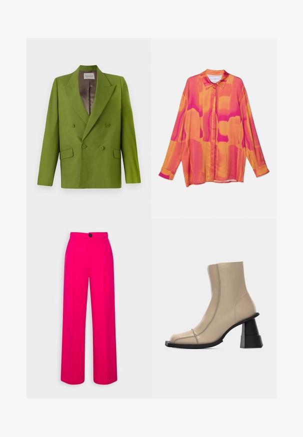 CLOSED FITTED DOUBLE BREASTED - Blazer - pistachio green; Langærmet skjorte i livlige pink- og orange nuancer, med knaplukning foran, klassisk krave og et let, flydende stof.; Fuchsia brede bukser med høj talje, frontfald og en enkelt sort knaplukning. Glat tekstur og skræddersyet design.; Beige læder ankelstøvle med firkantet tå, synlige sømme og chunky sort skulptureret blokhæl på hvid baggrund.