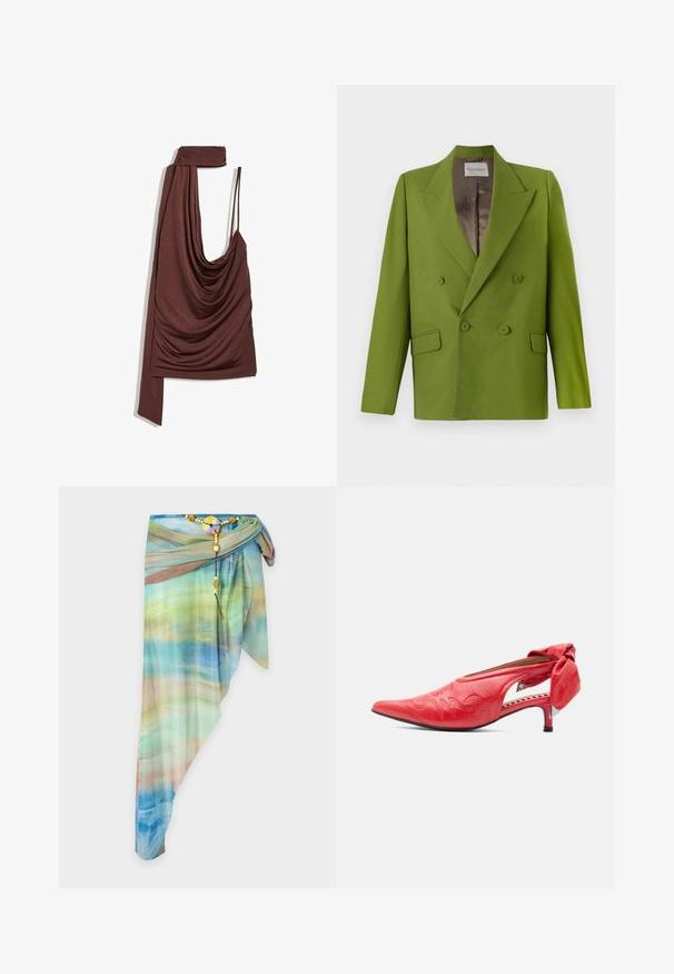CLOSED FITTED DOUBLE BREASTED - Blazer - pistachio green; Haut marron asymétrique sans manches avec un devant drapé et une longue pièce de tissu attachée en forme d'écharpe sur une épaule.; Jupe portefeuille asymétrique en voile avec un motif dégradé bleu, vert et beige, fixée avec une ceinture décorative perlée et une boucle ronde.; Chaussure en cuir rouge à petit talon, bout pointu, empeigne brodée, découpe latérale et grand nœud décoratif sur le talon.