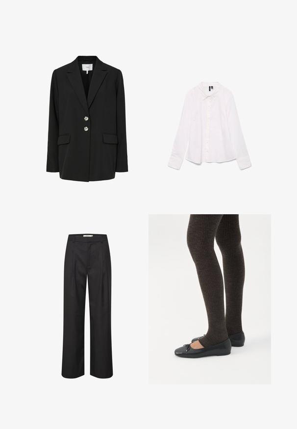 Blazer negro con ajuste entallado, solapas con muesca, dos bolsillos frontales y dos botones plateados. Hecho de tela suave con un diseño minimalista.; Camisa blanca de manga larga hecha de algodón, con un cuello clásico, cierre de botones al frente y un corte ligeramente relajado. Textura suave sin patrones.; Pantalones de pierna ancha negros con una textura suave, delantero con plisados, lazos para cinturón y un diseño ajustado. El material ofrece una apariencia pulida.; Piernas con leggings oscuros acanalados combinados con bailarinas negras que presentan pequeños detalles de lazo sobre un fondo blanco.