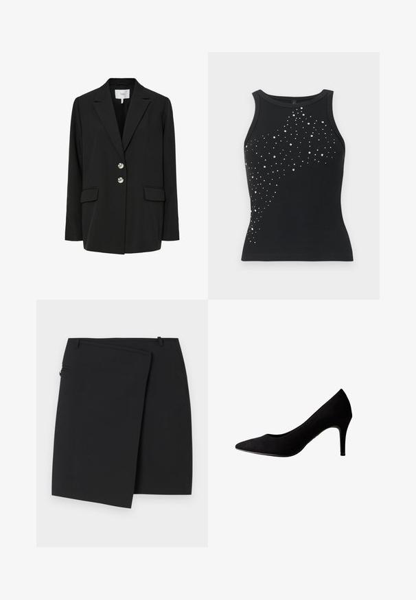 Zwarte blazer met een getailleerde pasvorm, revers met inkeping, twee voorzakken en twee zilverkleurige knopen. Gemaakt van gladde stof met een minimalistisch ontwerp.; Zwarte mouwloze geribbelde top met hoge halslijn, versierd met verspreide kleine zilveren studs die een diagonaal patroon over de voorkant vormen.; Zwarte wikkelrok met een soepele textuur, voorzien van een ritssluiting aan de zijkant en twee riemlussen. Eenvoudig ontwerp zonder zichtbare patronen of accenten.; Zwarte suède pump met hoge hak, puntige neus en een gladde textuur, met een slanke hak en subtiele stiksels langs de randen.