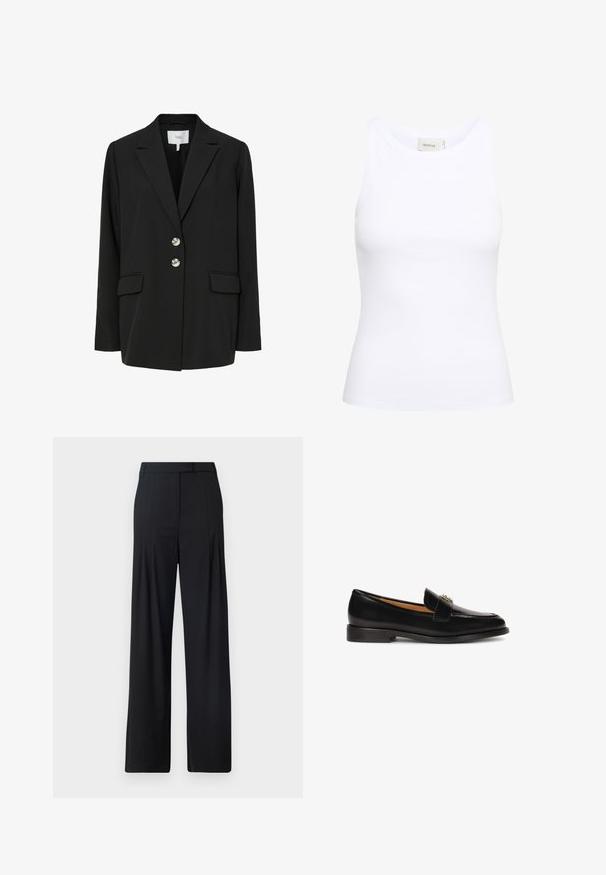 Blazer negro con ajuste entallado, solapas con muesca, dos bolsillos frontales y dos botones plateados. Hecho de tela suave con un diseño minimalista.; Top sin mangas de canalé blanco con escote redondo. Tejido elástico y diseño ajustado. La etiqueta en la parte posterior dice "GESTUZ."; Pantalones de pierna ancha negros con frente plano, pliegues y cinturilla ajustada. Fabricados con una tela suave y ligera.; Mocasín de cuero negro con punta redondeada, silueta esbelta y una correa decorativa con acento de hardware en la parte superior. Suela plana de goma.