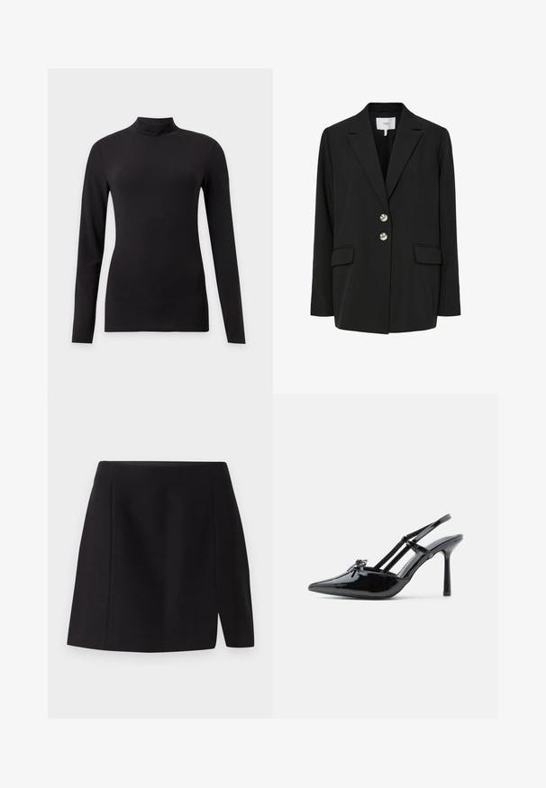 Schwarzer Blazer mit tailliertem Schnitt, gekerbtem Revers, zwei Vorderstaschen und zwei silbernen Knöpfen. Hergestellt aus glattem Stoff mit minimalistischem Design.; Schwarzes, enganliegendes Langarmshirt mit Stehkragen, gezeigt vor einfachem hellgrauem Hintergrund.; Schwarzer Minirock aus glattem Stoff, mit taillierter Passform und einem vorderen Schlitz, der dem schlichten Design eine moderne Note verleiht.; Schwarzer Slingback-Schuh aus Lackleder mit spitzer Spitze, dünnem Absatz und doppelt über dem Rist verlaufenden Riemchen.