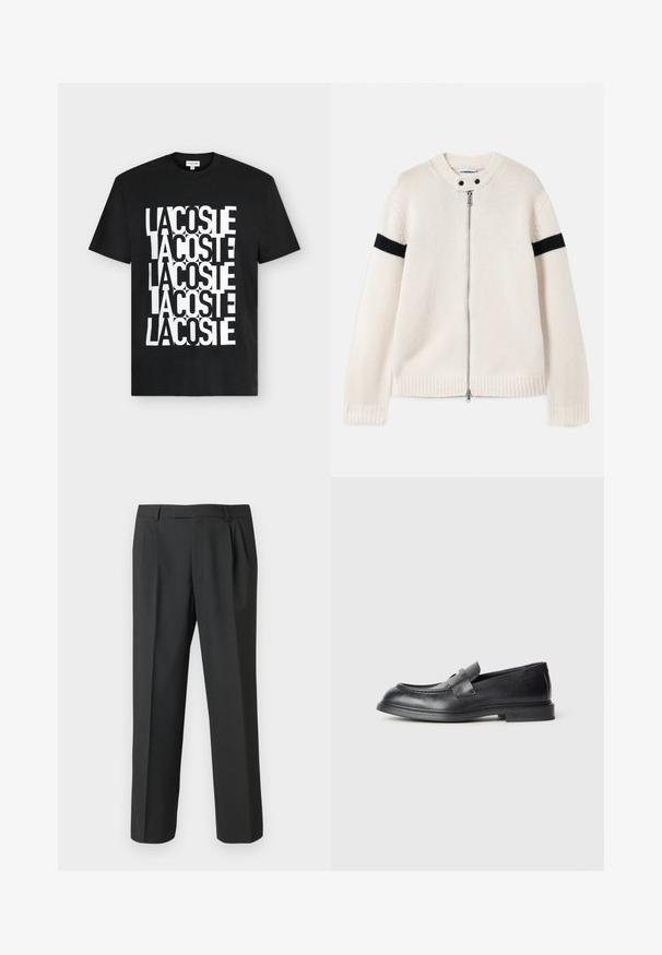 Pull en tricot crème avec un col rond, fermeture éclair, poignets côtelés et un détail en bande noire sur la manche. Texture douce, design décontracté.; T-shirt noir à manches courtes avec un logo Lacoste blanc audacieux répété verticalement dans un motif superposé sur le devant.; Pantalon noir en tissu lisse, avec une coupe droite, un devant plissé et une taille standard avec passants pour ceinture.; Mocassins en cuir noir avec une finition texturée, dotés d'une bride décorative à l'avant et d'un bout arrondi. Semelle en caoutchouc pour plus de durabilité.
