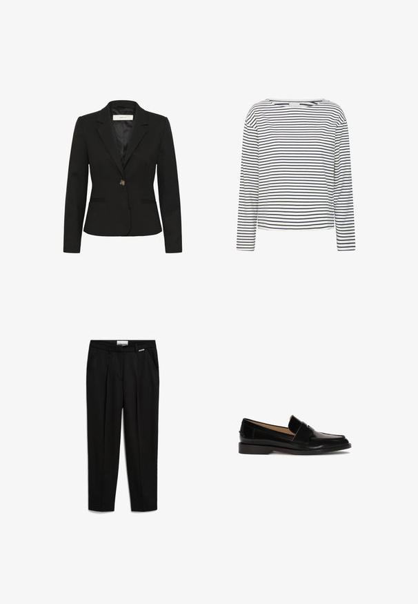 Schwarzes Blazer mit tailliertem Design, einem einzelnen goldenen Knopf, Reverskragen und zwei vorderen Taschen mit glattem Innenfutter.; Langärmliges Oberteil mit Bootsausschnitt, aus weichem Stoff mit horizontalen Streifen in Marineblau und Weiß. Gerader Schnitt und minimalistische Details.; Schwarze Hose aus glattem Stoff, mit geradem Beinanschnitt, seitlichen Taschen und einem dezente Markenakzent am Bund.; Schwarze Lederhalbschuhe mit glatter Oberfläche, abgerundeter Zehenpartie und einem dekorativen Riemen über der Vorderseite. Design mit niedrigem Blockabsatz.