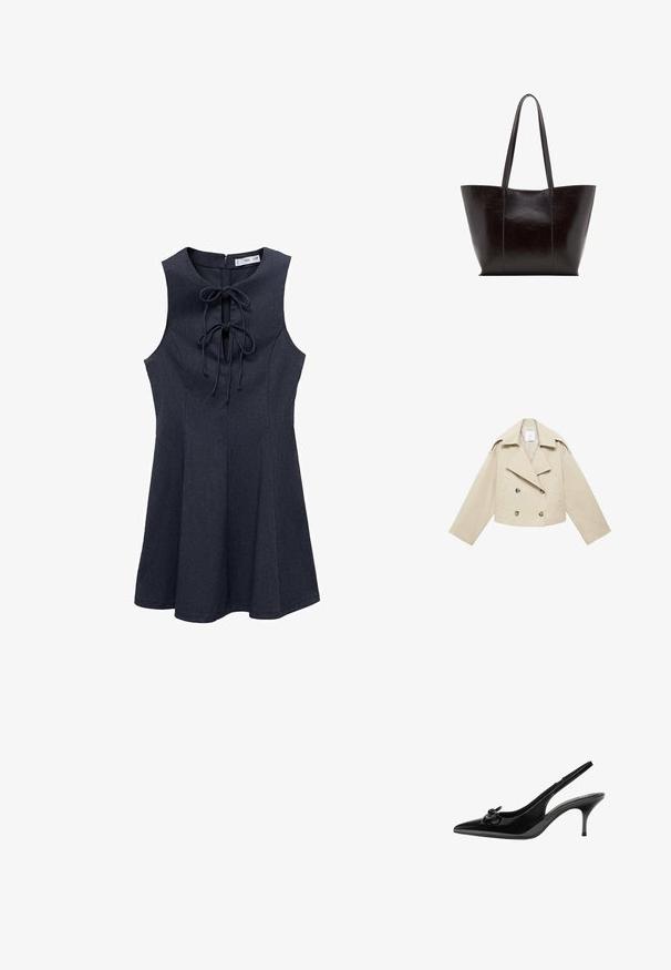 Beige abgeschnittene Double-Breasted-Jacke aus Baumwolle. Verfügt über große Knöpfe, zwei Fronttaschen und einen breiten Revers mit offenem Kragen.; Marineblaues, ärmelloses Kleid aus Denim mit tailliertem Oberteil und weit ausgestellt Rock. Verfügt über eine Schnürung an der Vorderseite und einen Reißverschluss hinten. Glatte Textur.; Schwarze Lackleder-Slingback-Schuh mit spitzem Zehenbereich, niedrigem Absatz und einer dekorativen Schleifenapplikation an der Seite. Glatte Oberfläche.; Schwarze Leder-Tote-Bag mit glatter Textur, breitem Körper und zwei langen Tragegriffen. Verfügt über vertikale Nähte für zusätzlichen Designakzent.