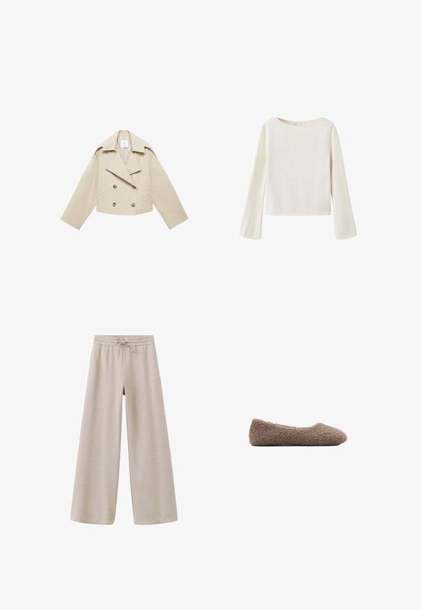 Beige cropped dobbeltbrystet jakke lavet af bomuld. Har store knapper, to frontlommer og en bred revers med åben krave.; Off-white langærmet sweater med bred rund halsudskæring og let udvidede ærmer, lavet af blødt strikket stof.; Beige vidde bukser med elastisk talje og snor, lavet af blødt stof, designet til afslappet brug.; Brun, fleece-fodret ballet flats med rund tå. Blød tekstur og sømløst design, der har en lav profil. Ingen synlige detaljer.