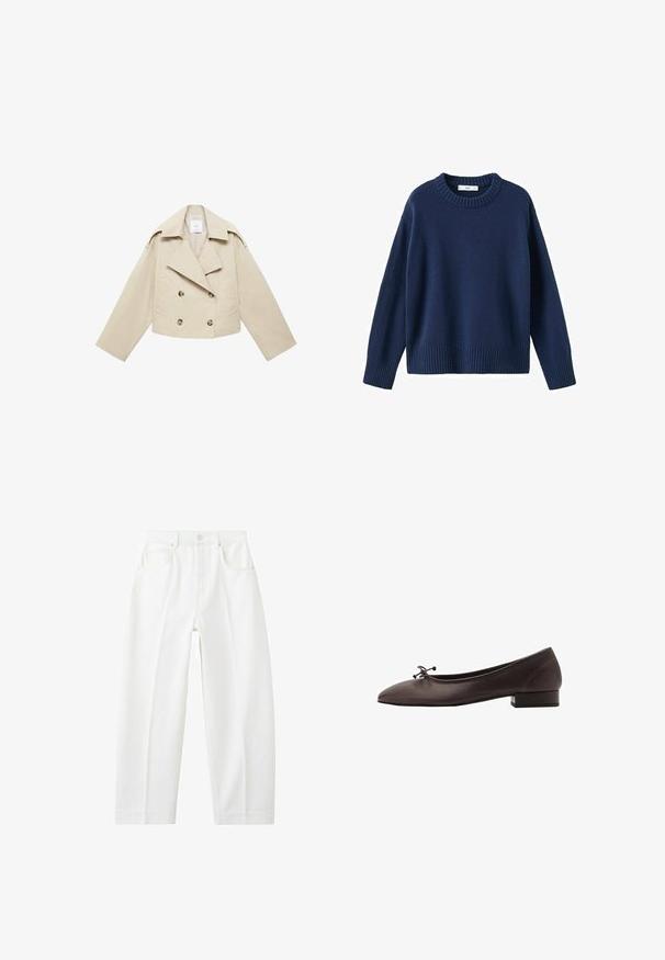 Beige cropped dobbeltbrystet jakke lavet af bomuld. Har store knapper, to frontlommer og en bred revers med åben krave.; Marineblå strikket sweater med ribbet rund halsudskæring, lange ærmer og ribbet kant. Blød tekstur, afslappet design og rummelig pasform.; Hvide, højtaljede jeans med lige ben, forlommer, bæltestropper og knappelukning.; Brune læder balletflade med rund tå og lille blokhæl. Har en tynd sløjfe foran og diskrete syningsdetaljer.