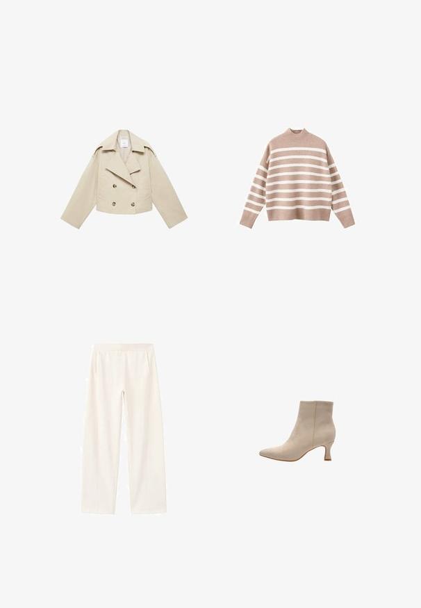 Beige cropped dobbeltbrystet jakke lavet af bomuld. Har store knapper, to frontlommer og en bred revers med åben krave.; Beige stribet sweater med hvide vandrette striber, der har en ribbet høj halsudskæring og brede ærmer, lavet af blødt strikstof.; Off-white bukser med vide ben, elastisk taljebånd og sidelommer, lavet af et blødt og glat stof.; Salinyang SALINYANG - Støvletter - natur