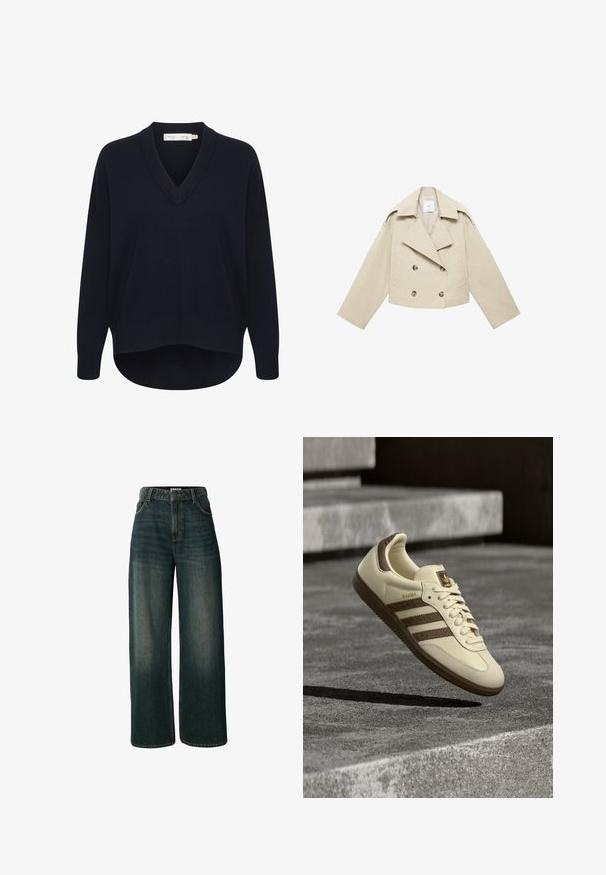 Beige cropped dobbeltbrystet jakke lavet af bomuld. Har store knapper, to frontlommer og en bred revers med åben krave.; Marineblå V-hals sweater med lange ærmer, en afslappet pasform og en buet kant. Fremstillet af blødt, struktureret stof med minimale labels.; Jeans med vide ben i mørkeblå denim. Har høj talje, forlommer og subtil lys falmning. Sømme er synlige langs kanterne.; Sneaker i cremefarve med brune detaljer, teksturerede sidelommer og en glat læderfinish. Har snøredesign og gummisål.