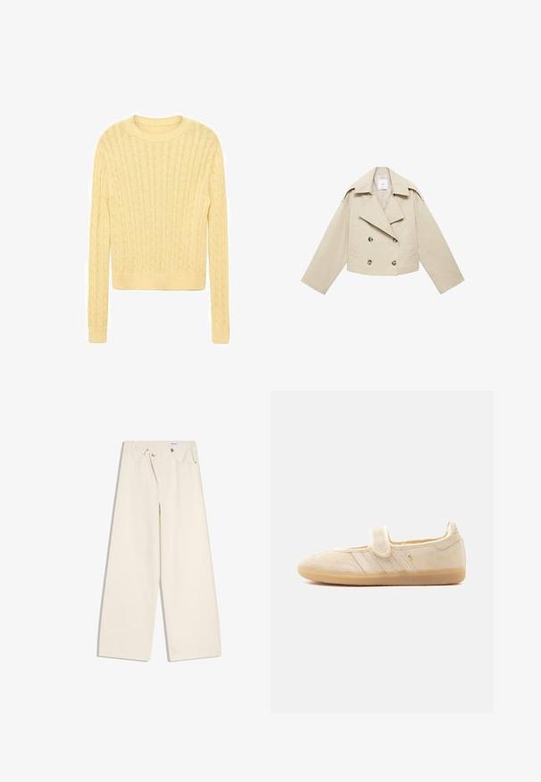 Beige cropped dubbele-breasted jas van katoen. Bevat grote knopen, twee voorkruiszakken en een brede revers met een open kraag.; Lichtgele gebreide trui met een ronde halslijn, gekenmerkt door een textuur kabelpatroon en lange mouwen, afgewerkt met een geribbelde zoom.; Off-white wijde broek met steekzakken aan de voorkant, lussen voor een riem en zilveren knopen op de tailleband en de randen van de zakken.; Beige suède Mary Jane sneaker met klittenbandsluiting, rubberen zool, drie gestikte strepen en gouden "SAMBA"-branding aan de zijkant.
