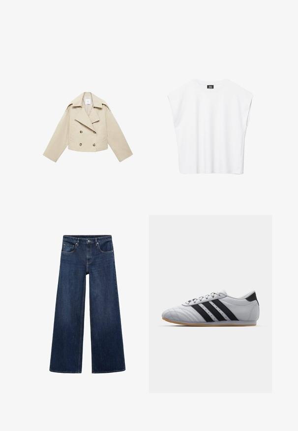 Beige cropped dobbeltbrystet jakke lavet af bomuld. Har store knapper, to frontlommer og en bred revers med åben krave.; Hvid ærmeløs crop top med rund halsudskæring, brede skuldre og sort "B6"-label indvendigt i kraven.; Mørkeblå bredbenede jeans lavet af denim, med forlommer, bæltesløjfer og knaplukning i taljen.; Grå atletik sko med en glat læderfinish, der har tre sorte striber, en rund tå og en sål af gummi.