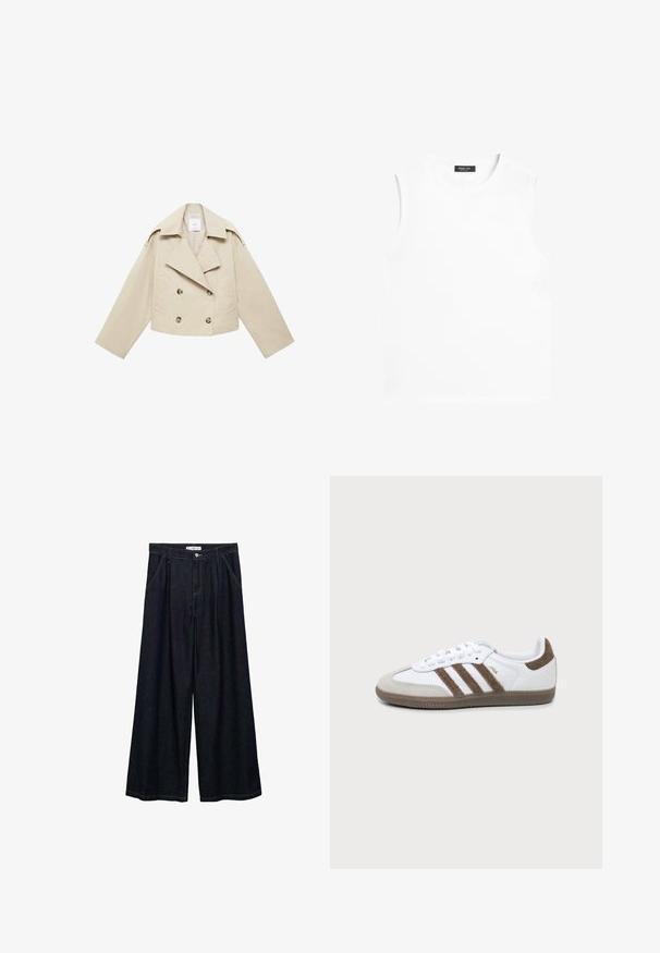 Beige abgeschnittene Double-Breasted-Jacke aus Baumwolle. Verfügt über große Knöpfe, zwei Fronttaschen und einen breiten Revers mit offenem Kragen.; Weißes ärmelloses T-Shirt mit Rundhalsausschnitt und einem schwarzen Massimo Dutti Etikett innen am Kragen auf weißem Hintergrund.; Dunkelblaue, weite High-Waist-Hosen aus Denim mit einem Knopfverschluss vorne, zwei Seitentaschen und Nähdetails.; Weißer und brauner Adidas Samba Sneaker mit drei braunen Streifen, Schnürsenkeln und strukturierter Sohle, von der Seite auf einem einfarbigen Hintergrund gezeigt.