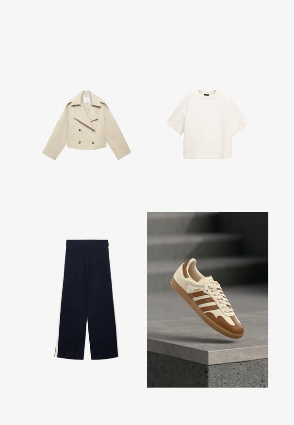 Beige skrátená dvojradová bunda vyrobená z bavlny. Obsahuje veľké gombíky, dve predné vrecká a široký klop, ktorý má otvorený golier.; Jednoduché biele tričko s krátkym rukávom a okrúhlym výstrihom, vo voľnom strihu, zobrazené na bielom pozadí.; Námornícky modré široké nohavice s vysokým pásom a bielymi bočnými pruhmi, položené na bielom pozadí.; Klasická teniska s krémovým koženým zvrškom, hnedými detailmi, tromi pruhmi a štruktúrovanou gumovou podrážkou. Má zaoblenú špičku a šnurovacie zapínanie.