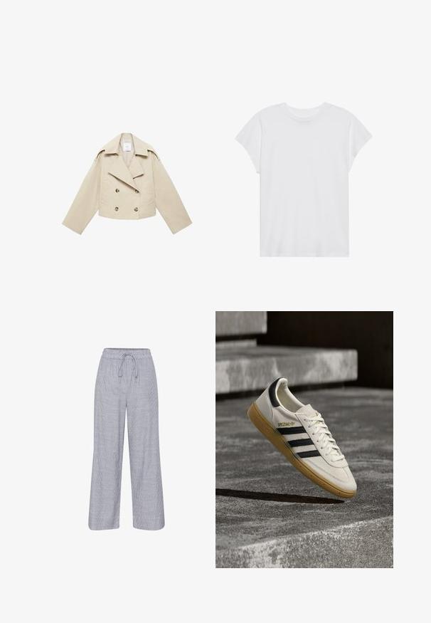 Beige cropped dubbele-breasted jas van katoen. Bevat grote knopen, twee voorkruiszakken en een brede revers met een open kraag.; Witte t-shirt met korte mouwen, ronde hals, relaxte pasvorm, gemaakt van zacht katoen. Glad textuur, geen patronen of logo's.; Grijze en witte gestreepte wijde broek met een elastische tailleband en koord. Lichtgewicht stof met een relaxte pasvorm.; Witte Adidas Spezial sneaker met zwarte strepen en gumzool, zwevend boven grijze stenen trappen buiten.